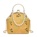 Elegant bright yellow silk brocade handbag with bamboo embroidery and pearl handle - Gold