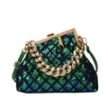 Sac à main à paillettes vertes et bleues avec chaîne dorée et motif matelassé - Bleu