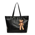 Black PU leather tote bag with unique patchwork texture and a cute bear charm - With Charm / Black