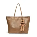 Vintage brown patchwork tote bag with large capacity and a cute crochet bear charm - With Charm / Khaki