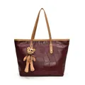 Large dark reddish brown tote bag with premium leather patchwork and cute bear charm - With Charm / Burgundy