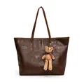 Deep brown patchwork tote bag with long straps and a cute bear charm accessory - With Charm / Brown