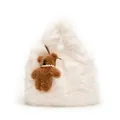 White fluffy faux fur tote bag with a cute brown plush bear charm and pearl necklace - With Bear Pendant / White