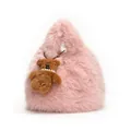 Pink plush cloud tote bag with brown teddy bear charm and pearl necklace detail - With Bear Pendant / Pink