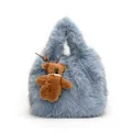 Plush cloud tote bag in hazy blue with a cute teddy bear charm and pearl necklace - Blue