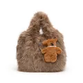 Deep brown faux fur cloud tote bag with matching plush bear and pearl accessory - Brown