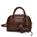 Dark brown pebble leather bowling bag with chocolate and dachshund pendants - With Pendant / L / Brown
