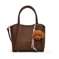 Dunkelbraune Eimer-Tasche aus Kieselleder mit Teddybären-Anhänger und Goldbeschlägen - Kaffee Mit Anhänger