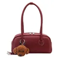 Chic burgundy lychee leather hobo bag with cute brown teddy bear plush charm - Red with Pendant