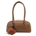 Brown vintage Boston pillow bag in matte textured leather with teddy dog charm - Khaki With Pendant