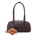 Deep brown textured faux leather shoulder bag with a cute plush dog pendant charm - Coffee With Pendant