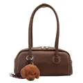 Brown vintage pillow shoulder bag with contrast stitching and plush puppy charm - Brown with Pendant