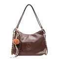 Retro donkerbruine leren schoudertas met M-logo, gouden ketting en pluche beer bedeltje - Zonder Hanger / Bruin
