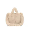 Fuzzy apricot plush tote bag with soft faux fur texture and seamless top handle - Beige