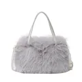 Furry light grey faux fur handbag with detachable shoulder strap and top handles - Gray