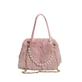 Pink faux fox fur handbag with elegant pearl handle and gold chain strap for women - Pink