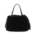 Chic black fluffy faux fur handbag with stylish leather handles for women - Black