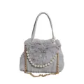 Chic gray faux fox fur handbag with elegant pearl strap and gold chain crossbody - Gray