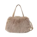 Stylish khaki fuzzy faux fur handbag with leather handle and adjustable shoulder strap - Khaki