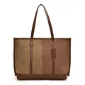 Bolso tote grande de lona con ribete de cuero marrón y detalles de costura en contraste - Caqui & Marrón