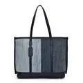 Bolso tote grande de mezclilla bicolor con correas de cuero y etiqueta para uso diario - Azul