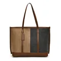 Bolso tote retro de lona bicolor con ribetes y asas de cuero marrón para mujer - Caqui y Negro