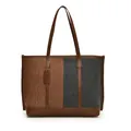 Bolso tote grande en contraste con asas de cuero marrón y paneles de tela tejida - Marrón y Negro