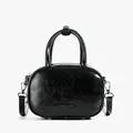 Elegant black glossy leather handbag with double handles and metallic brand charm pendant - Black