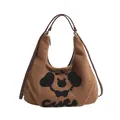 Brown fuzzy fleece tote bag with cute cartoon puppy embroidery and leather handles - Brown