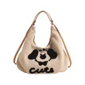 Cute off-white sherpa tote bag with brown straps and cartoon dog embroidery - Khaki