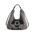Grey plush hobo tote bag featuring a cute cartoon dog character and black leather strap - Dark Gray