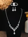 Detail of silver bridal jewelry set with sparkling rhinestones on black velvet stand - Silver Butterfly Water Drop Necklace Bracelet Earrings Set (PJ--T0270)