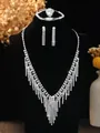 Detailed set of silver bridal jewelry with fringe necklace, earrings and bracelet - Silver Tassel Multi-Layer Hanging Necklace Bracelet Earrings Ring Set (PJ--T0267)