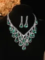 Detail of bridal jewelry set with V-shaped green water-drop gems and white diamonds - Dark Green Water Drop Diamond Silver Necklace Earrings Set (PJ--T0250--2)