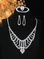 Detailed view of silver rhinestones bridal necklace, earrings, bracelet and ring set - Silver Fan Shaped Multi-Layer Tassel Necklace Bracelet Earrings Ring Set (PJ--T0242)