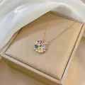 Gold stainless steel folding four-leaf clover necklace with colorful heart-shaped zircons - Heart Clover Style (X1507) / Rainbow Gold
