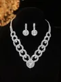 Elegant silver-tone bridal jewelry set with interlocking crystal rings and necklace - Silver Rhinestone Necklace Earrings Set (PJ--T0201)
