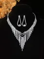 Silver rhinestone fringe necklace and long teardrop earrings bridal jewelry set - Silver Tassel Water Drop Necklace Earrings Set (PJ--T0202)