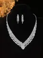 Elegant bridal silver rhinestone jewelry set with V-shape tassel necklace and earrings - Silver V-Shaped Tassel Necklace Earrings Set (PJ--T0204)