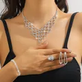 Elegant silver bridal jewelry set with sparkling crystals for wedding banquets - Silver V-Shaped Mesh Tassel Necklace Bracelet Earrings Ring Set (PJ--T0240)