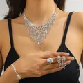 Silver bridal jewelry set with V-shaped rhinestone necklace and tassel earrings - Silver V-Shaped Long Tassel Necklace Bracelet Earrings Ring Set (PJ--T0243)