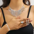 Elegant silver bridal jewelry set with sparkling rhinestones necklace and earrings - Silver Wide Tassel Banquet Necklace Bracelet Earrings Ring Set (PJ--T0248)