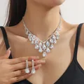 Elegant silver bridal jewelry set with sparkling pear-cut rhinestones and necklace - Silver Tassel Water Drop Diamond Necklace Earrings Set (PJ--T0250--1)