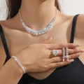 Silver bridal jewelry set with layered rhinestone necklace and heart ring for women - Silver Heart Diamond Row Necklace Bracelet Earrings Ring Set (PJ--T0258)