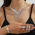 Elegant bridal jewelry set with sparkling rhinestones, necklace and earrings - Silver Tassel Water Drop Diamond Necklace Bracelet Earrings Ring Set (PJ--T0260)