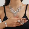Elegant silver bridal jewelry set with sparkling rhinestones for formal evening events - Silver Palace Tassel Necklace Bracelet Earrings Ring Set (PJ--T0265)