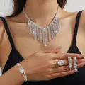 Elegant 4-piece silver jewelry set with tassel necklace and pear-cut crystal rhinestones - Silver Water Drop Diamond Tassel Necklace Bracelet Earrings Ring Set (PJ--T0266)