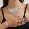 Elegant silver bridal jewelry set with sparkling rhinestone necklace, bracelet and earrings - Silver Full Diamond Tassel Necklace Bracelet Earrings Ring Set (PJ--T0269)