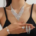 Sparkling silver bridal jewelry set with necklace, bracelet, ring and earrings - Silver Wide V-Shaped Tassel Necklace Bracelet Earrings Ring Set (PJ--T0272)