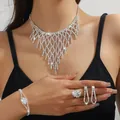 Silver bridal jewelry set with fringe rhinestone necklace, bracelet and ring - Silver Mesh Tassel Necklace Bracelet Earrings Ring Set (PJ--T0273)